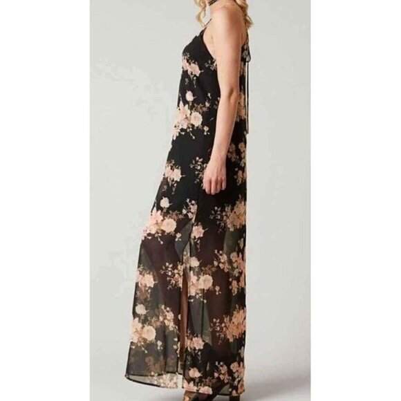 Daytrip Black Floral Spaghetti Strap Tie Back Half Lined Side Split Maxi Dress - Picture 8 of 9